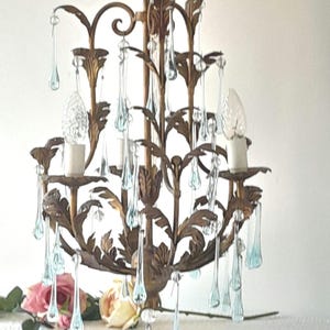 NEW! toleware chandelier dark gold tone metal leaves light blue tall murano drops vintage italian design handmade metal cage sinuous shape