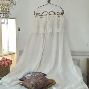 Pair of two tall LiNEN ruffled pelmet CURTAINS, tie top crocheted shabby chic romantic cottage shabby chic top tie ribbons