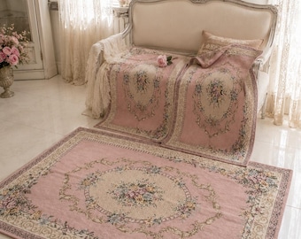 Set of 3 Aubusson style cotton washable,needle point pink gold rug carpet,master bedroom,central medaillon,made in Italy victorian roses