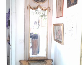Provencal trumeau mirror , hand painted, florentine furniture louis XVI mirror w swags of roses medaillon Paris Marie Antoinette style