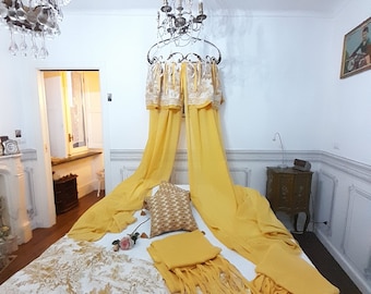 REDUCED! SET of 4 curtain panels + 4 toile de jouy pelmets+3cushions italian taylor made,mustard color tie top panels,lace french window