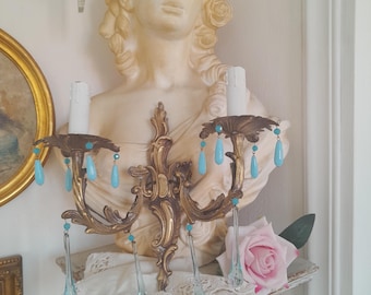 REDUCED!MURANO turquise opaline sconce 2bulb,drip cups with opaline drops drops,opaline chandelier,blue chandelier french