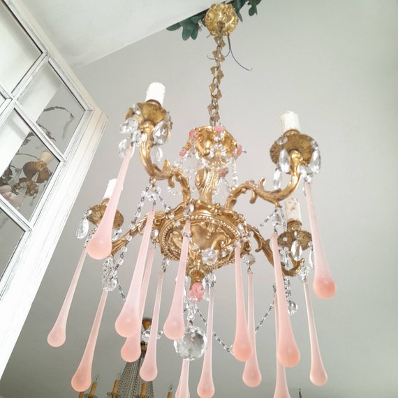 Blush Pink Opaline GOLD Brass Nitage Chandelier Antique Rococo