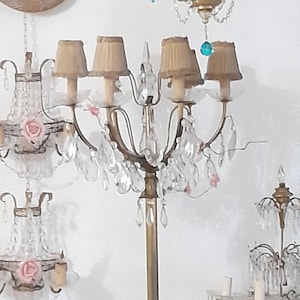 FLOOR LAMP venetian 50s tall torchiere brass crystal drops cups,  floor chateau chandelier 6 arms, original lampshades ONLY Europe shipping