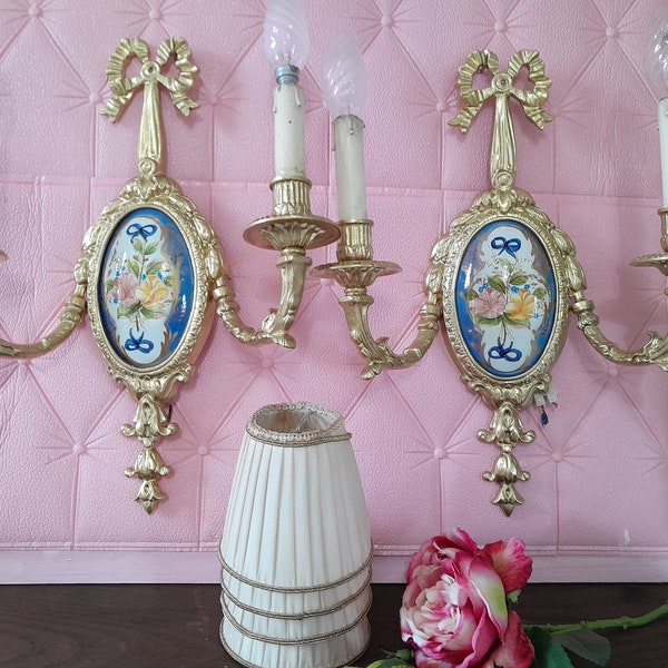 new!Pair love ribbon louis XVI sconces gold painted metal bow ceramic plate hand painted italian french marie antoinette chateau cottagechic