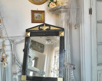 Empire style mirror trumeau 50s italian, gold and black wooden frame,antique crackled spotted mirror,relooked art deco, shabby chic,napoleon