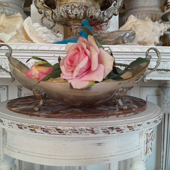 French Jardiniere Silver Pewter Metal, Lion Feet, Eared, Shabby