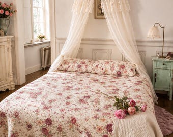 NEW! FRENCH BOUTIS 3 piecs set of: 1 king size quilted bedcover,reversible,white red pink roses 2 quilted shams.Provencal,Isle sur la sorgue