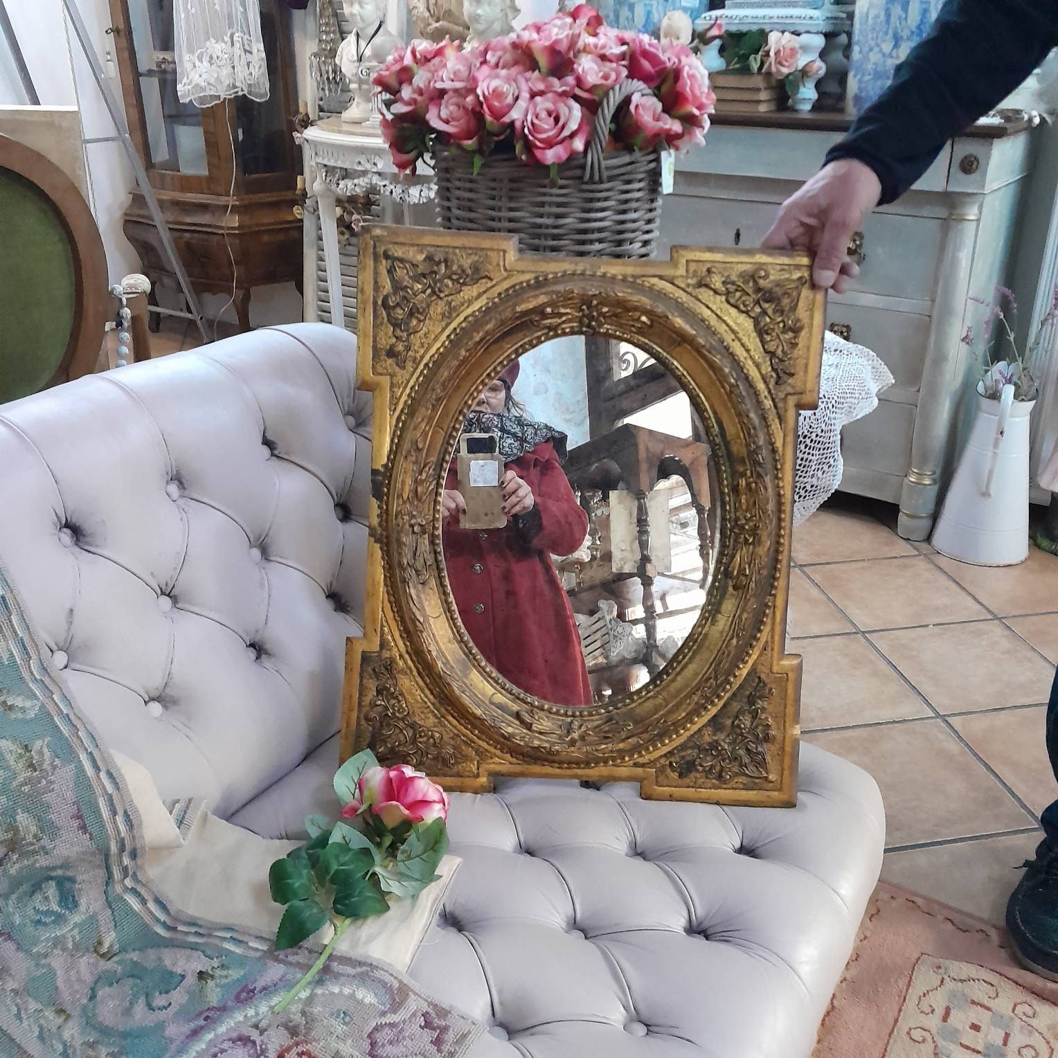 Antique French Black & Gold Louis Philippe Mirror with Floral