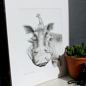 A Weasel, on a Warthog, hog, pig lover, Limited Edition, Signed Print, graphite art, pencil art, wall art, by al hayball
