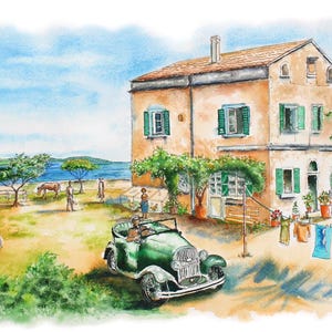 Puede incluir: Pintura a la acuarela de una escena costera con una casa de dos pisos, contraventanas verdes y un coche verde vintage. Un tendedero con prendas coloridas cuelga cerca de la casa. El fondo presenta un mar y un cielo azules.