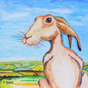 Hare art, acrylic paint, framed canvas,  surreal art, contemporary art, wall art, quirky, naive art, folk art,