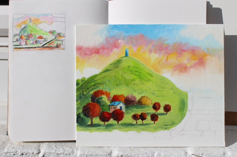 Glastonbury Tor, Original Oil painting, St Michael's Tower, Somerset , colourful, canvas board, wall art, by alan hayball image 3