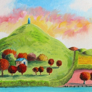 Glastonbury Tor, Original Oil painting, St Michael's Tower, Somerset , colourful, canvas board, wall art, by alan hayball image 1