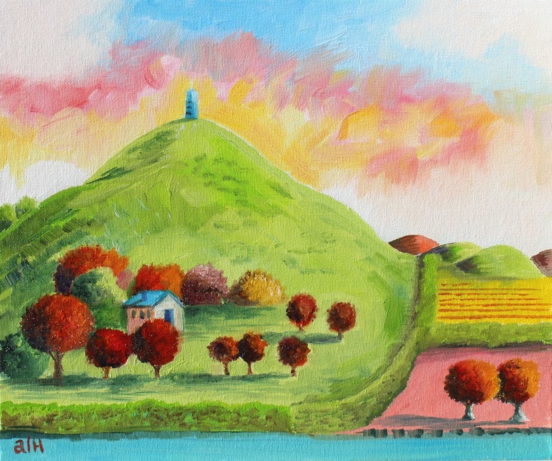 Glastonbury Tor, Original Oil painting, St Michael's Tower, Somerset , colourful, canvas board, wall art, by alan hayball image 1