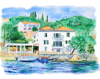 The White House in Corfu, home of the Durrells,  Limited Edition Print, original painted in watercolours, greek island, seascape,