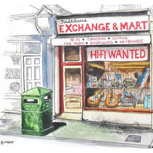 Urban shop art, old building art, Bournemouth artist, Print, from an Urban Sketch, Exchange & Mart, watercolour, sketchbook, painting,