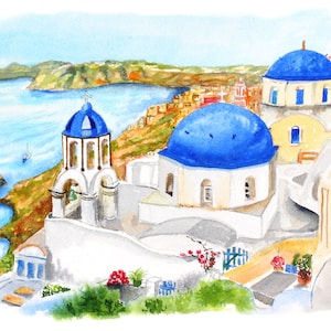 SANTORINI, ORIGINAL, Watercolour painting, Greece seascape, Greek Island art, Island in the Aegean Sea, Cyclades, by al hayball