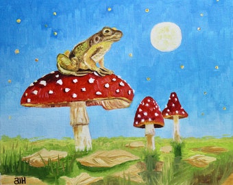 Frog on a Toadstool, ORIGINAL ART, oil painting, frog art, amphibian art, fungi art, 12 x 10, by al hayball, alan hayball