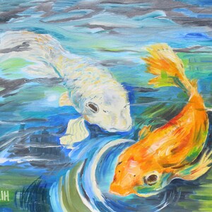 ORIGINAL ART, Koi Carp, oil painting, aquatic, fish art, wall decor, loose style, by al hayball,