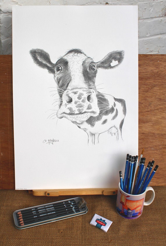 Cow art Original Watercolor Drawing Art Study watercolor pencil