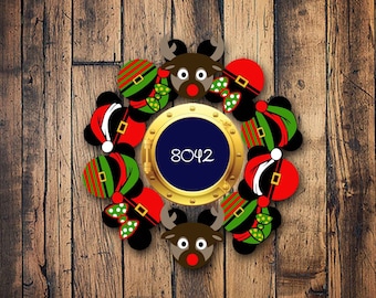 Christmas Wreath, Merrytime, Disney Cruise, Mickey Magnets, Christmas Porthole santa elf