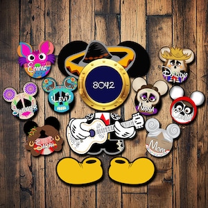 May include: A Mickey Mouse figure wearing a sombrero and playing a guitar.  The figure is surrounded by smaller Mickey Mouse figures with different names, including "Summer", "Levi", "Nana", "Cohen", "Daddy", "Mom", "Sarah", and "Emma".  The larger Mickey Mouse figure has a blue circle with the number "8042" on it.