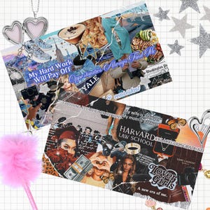 Può includere: Un collage di immagini con citazioni e testi motivazionali, tra cui "My Hard Work Will Pay Off", "Opportunities Always Find Me", "YALE", "HARVARD LAW SCHOOL", "#BLACKGIRLSGRADUATE" e "Lover Girls". Il collage è composto da varie immagini, tra cui una donna con un cappello da laurea, una donna con un vestito blu, una donna con un gesto della mano a forma di cuore e una donna con una farfalla sulla spalla.