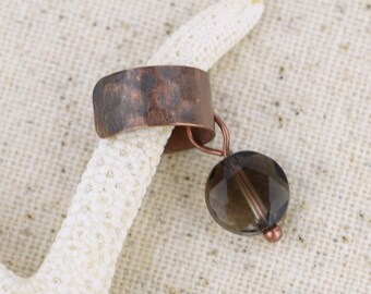 Smoky Quartz Ear Cuff;  Faceted Stone, Textured Copper