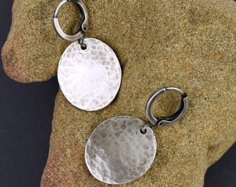 Sterling Silver Earrings, Hand Cut 16x19mm Ovals, Hoop Ear Wires, Minimalist Design