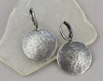 Tiny Sterling Earrings; 20mm, Handmade, Textured, Hoop Ear Wires, Vintage Patina
