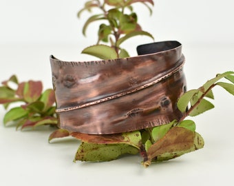 Copper Cuff Bracelet, Diagonal Foldform, Unique Texture, Handmade, Oxidized, Gender Neutral