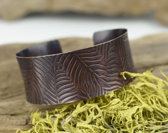 Copper Cuff Bracelet, Fern Textured Design, Anticlastic Shape, Oxidized, Gender Neutral