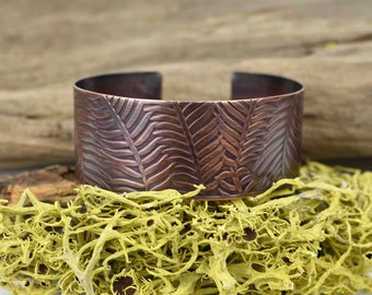 Copper Cuff Bracelet, Fern Textured Design, Oxidized, Gender Neutral