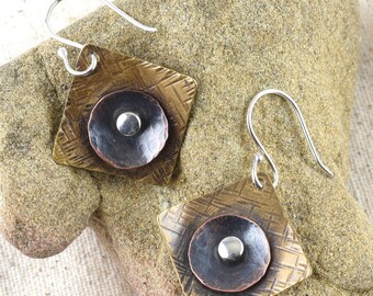 Mixed Metal Earrings: Copper, Bronze & Sterling Silver - Rustic Vintage Style