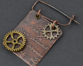 Steampunk Brooch Pin; Etched Copper, Handmade Design