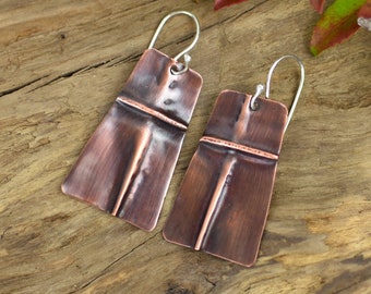 Copper Foldform Earrings, Oxidized, With Argentium Sterling Silver Ear Wires, Handmade, Gender Fluid