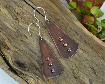 Copper Earrings with Copper Rivets, Oxidized, With Argentium Sterling Silver Ear Wires, Handmade, Gender Fluid