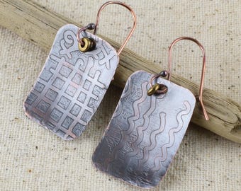 Copper Earrings, Vintage Patina, Handmade Ear Wires, Boho Fun