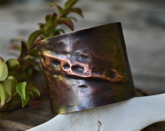 Wide Copper Cuff, Air Chase Texture and Anticlastic Shape, Oxidized, Handmade, Gender Fluid, Salish Collection