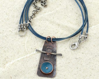 Textured Mixed Metals Pendant Necklace, Blue Leather Cord, Sterling Accent