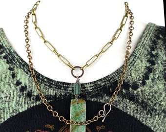 Chrysocolla and Roman Glass Necklace or Choker on Brass Chains, Pair