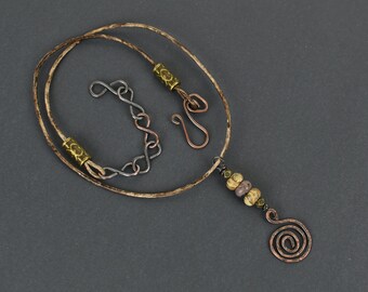 Boho Necklace With Copper Swirl and Jasper Beads, Adjustable Length, Gender Fluid