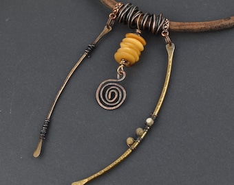 Triple Dangle Mixed Metal Necklace with Carved Horn Beads, Adjustable Length