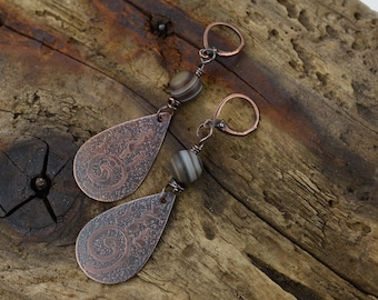 Agate and Etched Copper Earrings, Your Choice Ear Wire