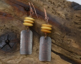 Copper Earrings With Water Buffalo Horn Beads, Handmade, Tribal, Boho