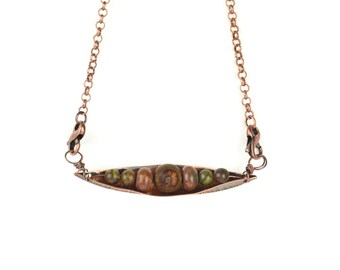 Copper Forged Pod Necklace, Dzi, Jasper, Opal, on Rolo Chain