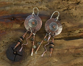Mixed Metal Dangle Earrings: Copper, Sterling Silver, Pietersite Beads