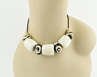 Batiked Bone Necklace Choker on Leather Cord
