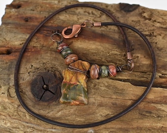 Red Creek Jasper Pendant Necklace: Picasso Jasper & Tiger Stone, Leather Cord